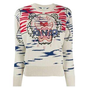 Kenzo Tiger Embroidered Wave Knit Sweater Cream Red Blue Size XS